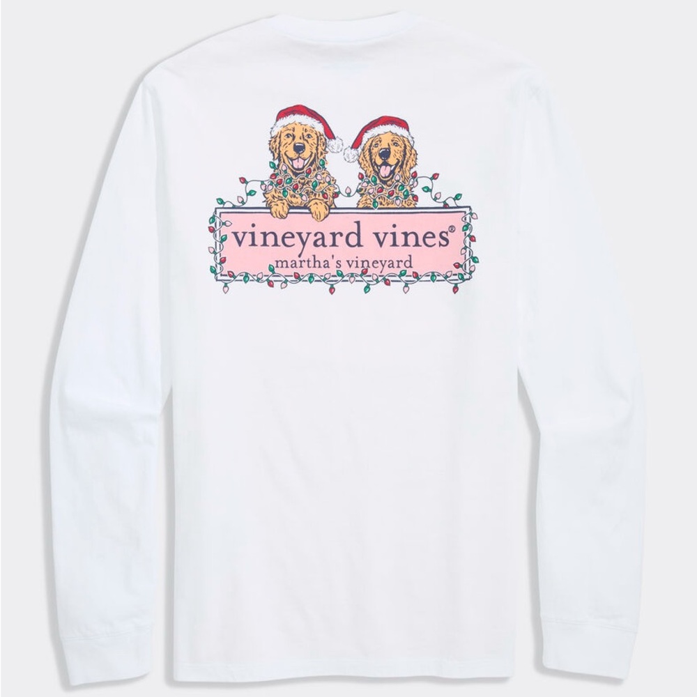 Vineyard Vines Mens White Long-Sleeve‎ Tee with Festive Dogs SIze XS